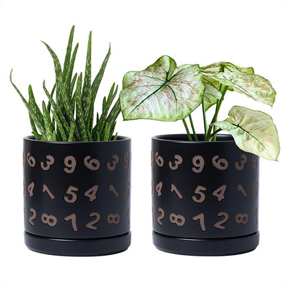 D'vine Dev Set of 2 Ceramic Planter Pots with Drainage Hole and Saucer, 6 Inch Plant Pots for Plants Indoor Houseplants, Black, 99-Z-B-2-Y