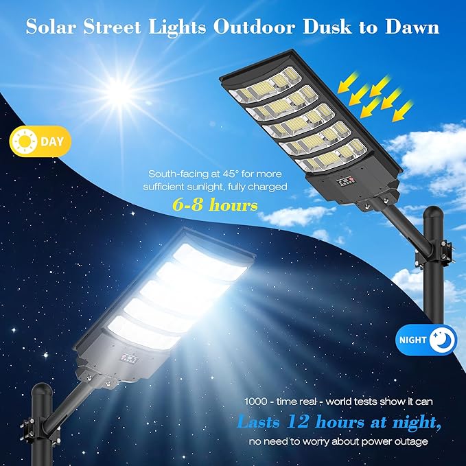 10000W Solar Street Light - 8000K Solar Lights Outdoor IP66 Waterproof,350° Wide Angle Dusk to Dawn,Commercial Solar Parking Lot Lights with Motion Sensor & Remote,LED Flood Light for Yard (2 Pack)