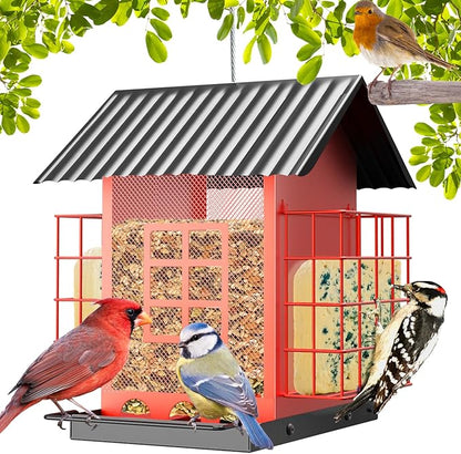 Bird Feeders for Outdoors Hanging, Metal Bird Feeder with Double Suet Cage Cake, Large Capacity, Birdfeeders Sturdy & Weatherproof, Easy to Clean & Refill, Great for Attracting Wild Birds