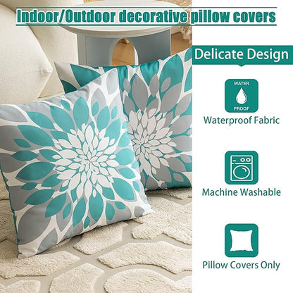 Qahing Pack of 4 Outdoor Waterproof Pillow Covers 20x20 Decorative Outdoor Throw Pillows Garden Square Cushion Cases for Patio Furniture, Couch, Tent Sunbrella, Bench, Teal Turquoise Grey