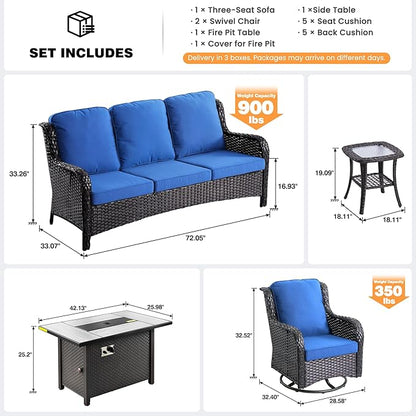 ovios 5 Pieces Patio Furniture Set, Outdoor Wicker Sofa Couch with Swivel Chairs 42" Fire Pit Table, High Back All Weather Modern Conversation Sets, Brown Rattan, Navy Blue
