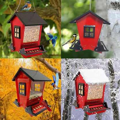 LSCQYYCCSquirrel Proof Bird Feeders for Outdoors Hanging, 5LB Capacity Metal Wild Birdfeeders Outside Hanging,Large Feeder That Attracts Cardinals, Chickadees, and More Birds-One in red ﻿