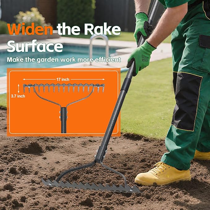 Thatch Rake, 63" Heavy Duty Metal Lawn Leveling Rake with 17 Tines, Garden Tool with Adjustable Long Handle for Looseing Soil, Weede Control