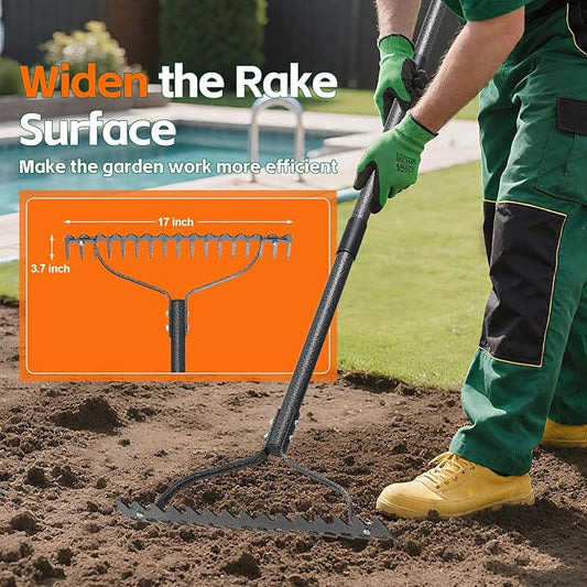 Thatch Rake, 63" Heavy Duty Metal Lawn Leveling Rake with 17 Tines, Garden Tool with Adjustable Long Handle for Looseing Soil, Weede Control