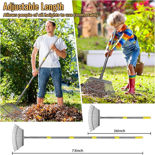 Rake for Leaves, Heavy Duty Metal Leaf Rake with 25 Tines 18" Wide Head, Adjustable 36-73" Long Handle Garden Rakes, Gardening Tools for Lawn, Yard, Shrub, Garden Beds Leaf Cleanup