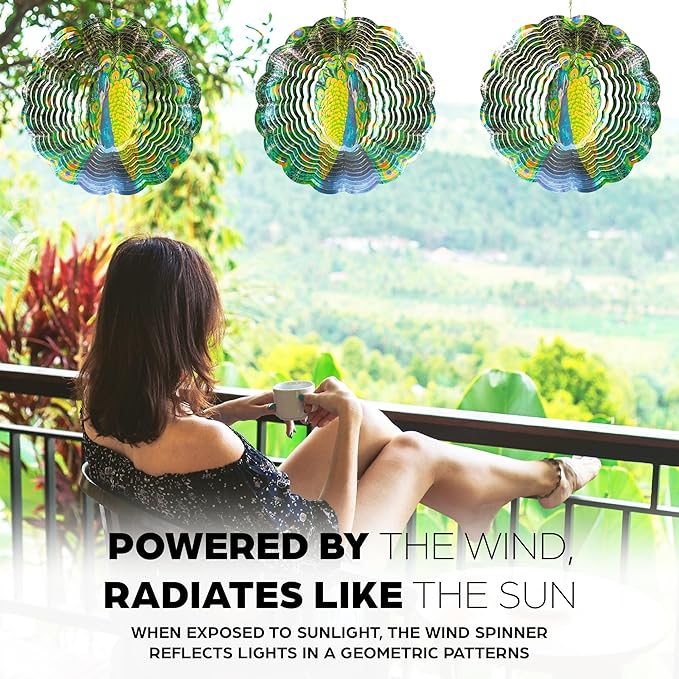 Skylar Peacock Wind Spinner, Stainless-Steel Garden Decor, 3D Wind Decoration with Holographic Effect, Unique 12-Inch Sun Catcher, Foldable Ornament, Support Hook Holes for Hanging, Hooks Not Included