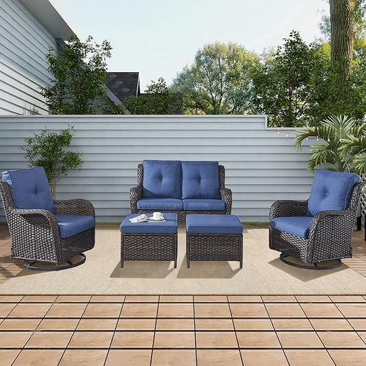 Rilyson 5 Piece Outdoor Patio Furniture Set - Rattan Wicker Patio Conversation Sets with 2 Swivel Rocker Chairs,2 Ottomans and 1 Loveseat for Outside Porch Deck Backyard(Brown/Blue)
