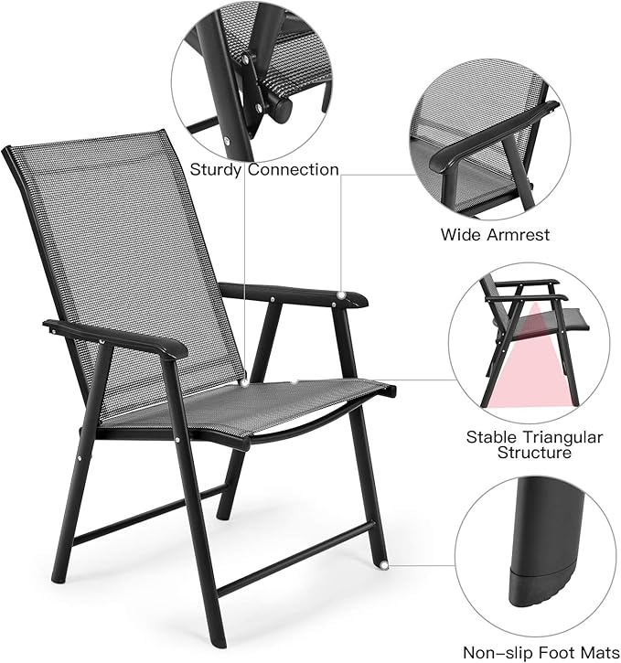 S AFSTAR Folding Patio Chairs Set of 6, Metal Textilene Patio Dining Chairs with Armrests, Foldable Sling Chairs Outdoor Lawn Chair for Garden Backyard Porch Deck, 330LBS Load (Gray)