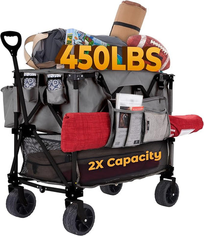 400L Collapsible Folding Double Decker Beach Wagon |Heavy Duty Utility Cart Extender|Supports 450lbs|All-Terrain Big Wheels with Breaks for Sports Camping (Grey/Grey)