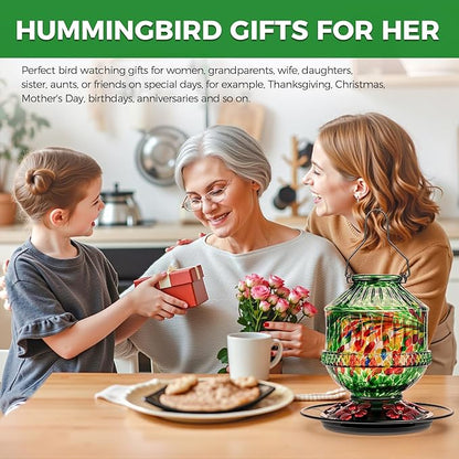 Hand Blown Glass Hummingbird Feeders for Outdoors, 25 Ounces Wild Bird Nectar Feeder with Perch & 5 Flower Feeding Ports Leak Proof Hanging for Garden Backyard Decor, Gifts for Women Mom, Green