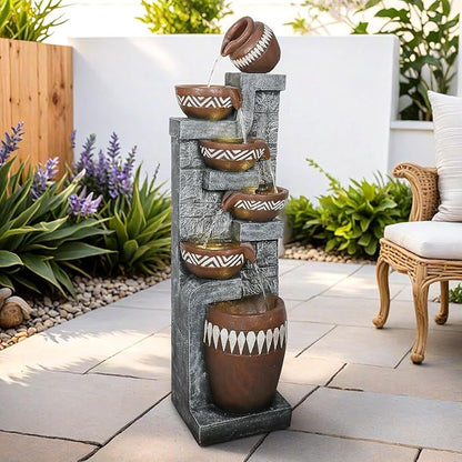 56.6" H 6-Tier Outdoor Water Fountain with LED Lights - Tall Cascading Jars Waterfall Feature with Tribal-Inspired Design for Garden, Patio, Yard, and Home Décor