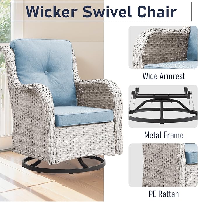 Swivel Rocker Patio Chairs：Patio Swivel Rocker Chairs Set of 2, Outdoor Swivel Rocker Patio Chairs, Light Beige/Light Blue