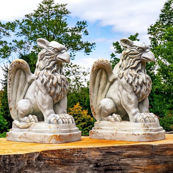 Zaer Ltd. Set of 2 Garden Griffin Statues, Magnesium-Cement Sculptures, 28.3" H Outdoor Entrance Decor (Distressed Gray)