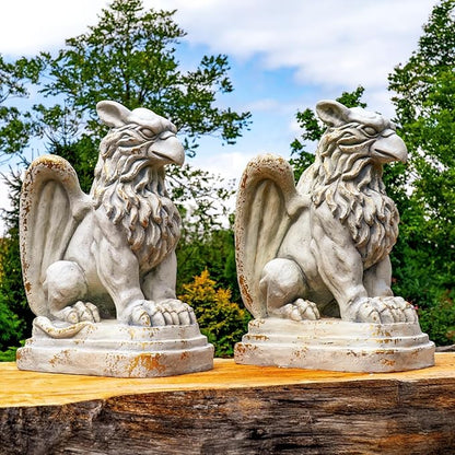 Zaer Ltd. Set of 2 Garden Griffin Statues, Magnesium-Cement Sculptures, 28.3" H Outdoor Entrance Decor (Distressed Gray)