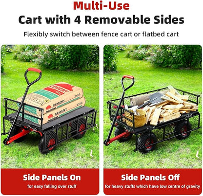 Heavy Duty Steel Garden Dump Cart, 880LBS Meatl Utility Wagon with Removable Sides & 180° Rotating Handle, Utility Dump Cart with 10-Inch All Terrain Wheels for Yard Lawn and Farm