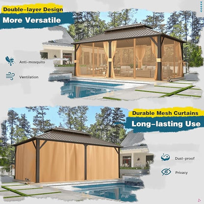 MELLCOM 12'x20' Hardtop Gazebo, Metal Double Roof Aluminum Gazebos with Curtain and Netting,Brown Permanent Galvanized Steel Pavilion for Patio, Lawn & Deck