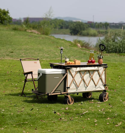Whitsunday Collapsible Folding Wagon with Table,Heavy Duty Utility Beach Wagons with Opened Tailgate and All-Terrain Wheels for Camping,Garden,Sports Beige