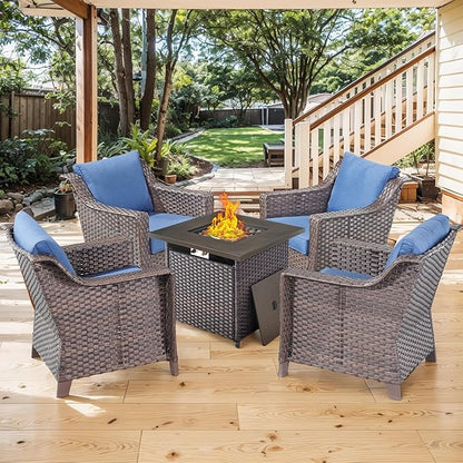 Outdoor Wicker Patio Chairs Set of 4 - Heavy Duty Outside Rattan Lawn Chair for Front Porch Balcony Backyard Yard Deck Poolside Apartment – Brown/Blue