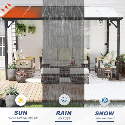 MEISSALIVVE 8' x 12' Wall Mounted Pergola, Lean to Metal Awnings, Sloped Roof Patio Gazebo Awning, Black