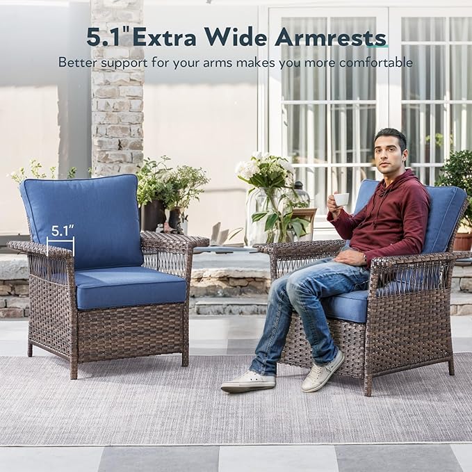 Wicker Outdoor Chairs Set of 2 - Hollow Widen Armrests Patio Furniture Set with Comfortable Thickened Cushion, High Back Outdoor Rattan Chairs for Balcony Porch Deck and Yard - Brown/Blue