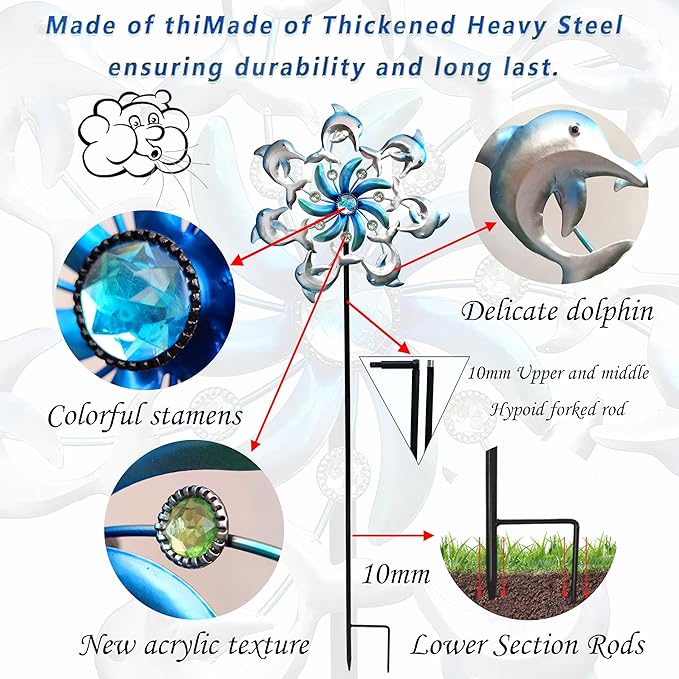 39" Dolphin Wind Spinners Metal Windmill Garden Stake,Ocean Theme Outdoor Wind Spinner,Wind Sculptures Yard Art Decorations for Patio,Lawn & Garden Decor