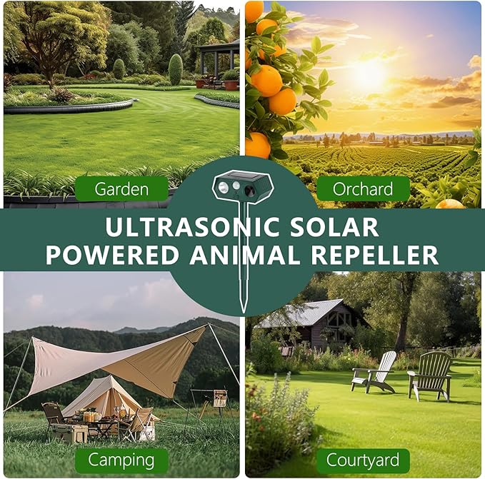 4Pack 2025 Ultrasonic Animal Repellent Outdoor Deer Repellent Devices Solar Animal Repeller Motion Activated Deterrent to Scare Cat Squirrel Rabbit Raccoon Skunk with LED Flash Lights for Yard Lawn