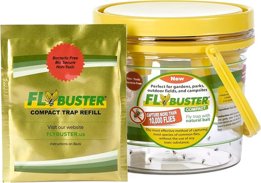 Flybuster Fly Trap | Outdoor Device for Catching Flies | 1-Liter Compact Size | Comes with One Flytrap and 1 Bait Packet | 10,000 Fly Capacity | Non-Toxic | Child & Pet Safe