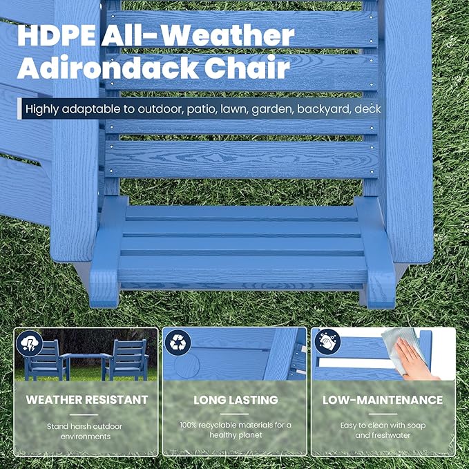 Tall Adirondack Chairs Set of 2, All Weather HDPE Poly Bar Height Balcony Adirondack Chair with Removable Double Connecting Trays, Outdoor Adirondack Barstools for Deck, Patio, Yard, Pool, Lawn