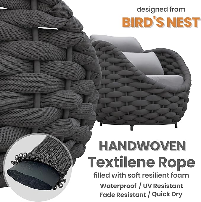 2 PCS Patio Rope Armchair: Aluminum Woven Accent Chair - Modern Garden Chair Assembled - All Weather 400lbs Outdoor Seating Porch Furniture Deck Balcony Hotel