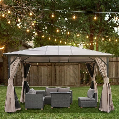 Grand Patio 10'x13' Gazebo Outdoor Hardtop Polycarbonate Gazebo Canopy with Netting and Curtains for Garden, Patio, Backyard