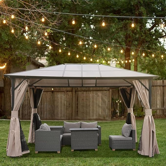 Grand Patio 10'x13' Gazebo Outdoor Hardtop Polycarbonate Gazebo Canopy with Netting and Curtains for Garden, Patio, Backyard