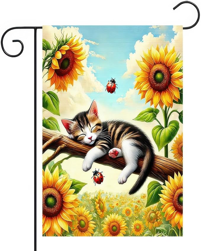 Spring Garden Flag 12x18 Inch Double-Sided Sleeping Kitten Yard Decoration Sunflowers Ladybugs for Outdoor Garden Patio Yard Spring Summer Décor