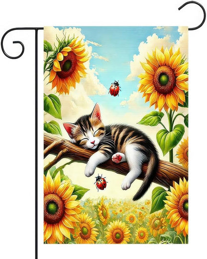 Spring Garden Flag 12x18 Inch Double-Sided Sleeping Kitten Yard Decoration Sunflowers Ladybugs for Outdoor Garden Patio Yard Spring Summer Décor