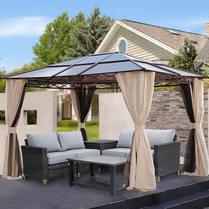 Grand patio 10x12 Gazebo, Hardtop Gazebo, Single Roof Pergolas Metal Aluminum Frame UV 50+ Outdoor Canopy with Mosquito Netting and Curtains, Outdoor Shelter for Garden, Lawn, Backyard