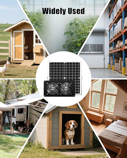 20W Solar Fan Kit for Greenhouse, Solar Panel Powered Dual Exhaust Fans, 3500 RPM IP67 Waterpoof Attic Fan for Chicken Coop, Dog House, Shed, Pet House Air Cooling