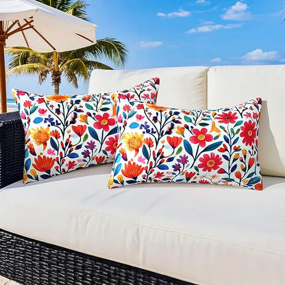 Outdoor Pillow Covers 12x20 Inch Set of 2 Floral Printed Boho Throw Pillows Cases Waterproof Lumbar Garden Cushion Sham for Spring Summer Patio Funiture Tent Balcony Bench Sofa Couch