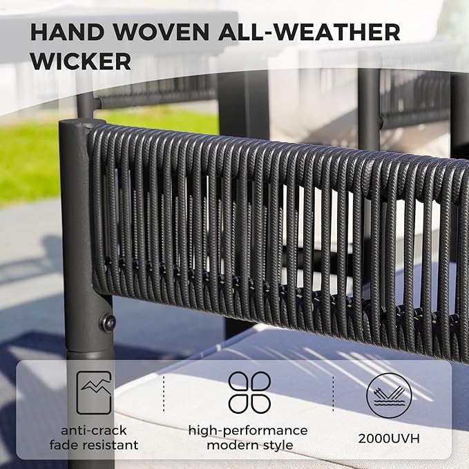 Grand patio Outdoor Dining Chairs Set of 4, 4 Pieces Patio Dining Chairs, Metal Woven Wicker Fixed Patio Chairs with Grey Cushions for Backyard, Deck, Garden, Porch, Lawn and Poolside (Black)