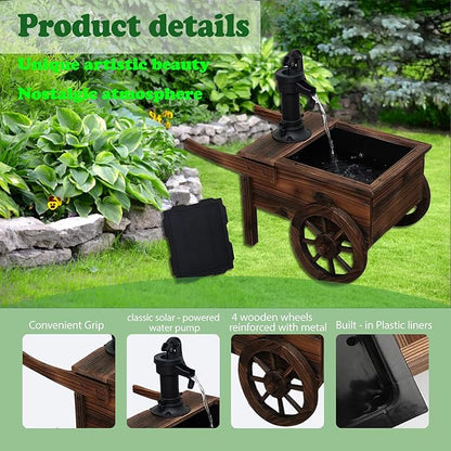 Carbonized Wood Outdoor Freestanding Fountain - Movable Vintage Hand Pump Cart, Solar-Powered Electric Decorative Water Feature for Patio, Garden & Indoor Decoration