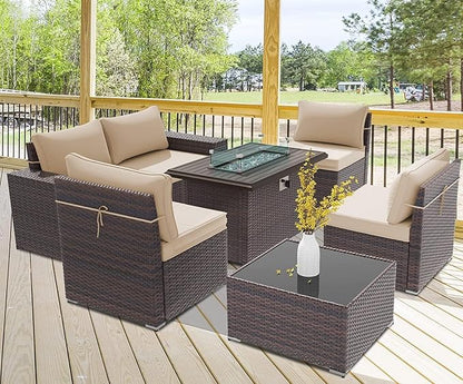 Outdoor Patio Furniture Set with Propane Fire Pit Table, 7 PCS Outdoor Furniture Patio Sectional Sofas Conversation Sets w/ETL Approved 43" Gas Outdoor Fire Table & Coffee Table Brown.