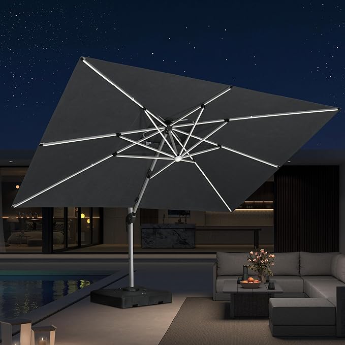 PURPLE LEAF 10' X 13' Solar Powered LED Patio Large Umbrella Offset Double Top Hanging Umbrella Outdoor Market Umbrella for Garden, Slate Gray
