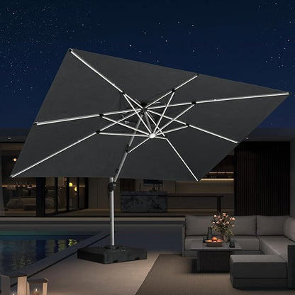 PURPLE LEAF 10' X 13' Solar Powered LED Patio Large Umbrella Offset Double Top Hanging Umbrella Outdoor Market Umbrella for Garden, Slate Gray