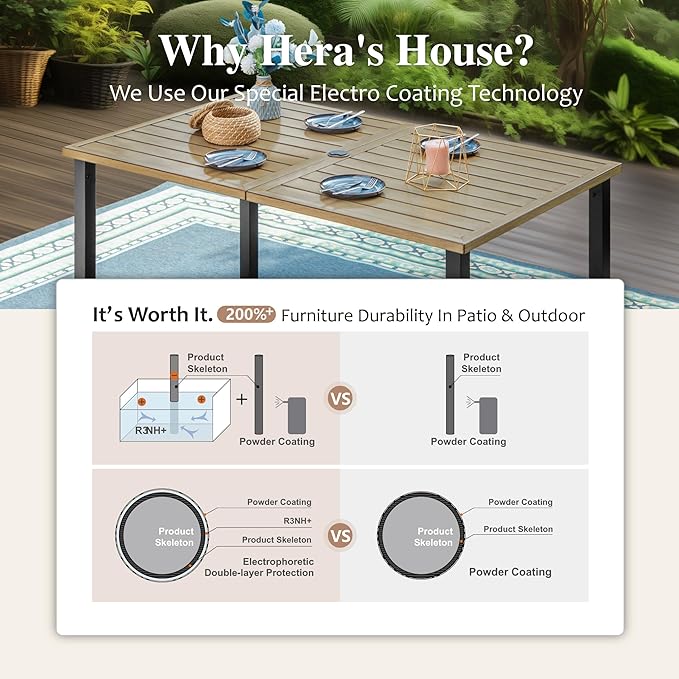 HERA'S HOUSE 7 Pieces Outdoor Dining Set, Outdoor Dining Set for 6, 6 x Cushioned Rattan Chairs, 1 x Rectangular Metal Dining Table with Wood-Look Finish for Patio, Lawn, Garden, Porch