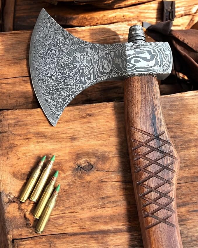 AX-7000 Custom Gift Forged Damascus Steel Vintage Axe with Rose Wood Shaft, Viking Bearded Camping Axe (AX-7000) (AX-8194)
