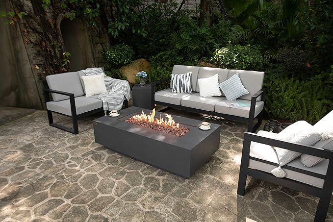 AMS Creations | Madison 60" Rectangular Propane Gas Outdoor Fire Pit Table | Dark Gray Concrete GFRC | Limestone Texture or Surface | Electronic Ignition | Outside Backyard Fireplace