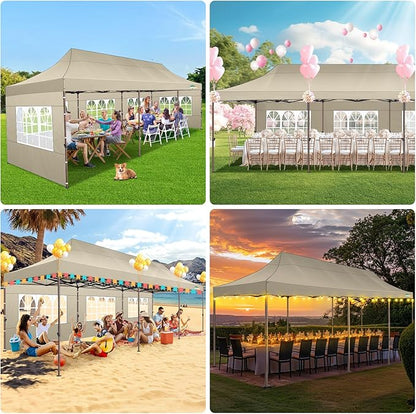 COBIZI 10x30 Heavy Duty Pop Up Canopy with 8 Sidewalls and Hexagonal Legs, Easy up Tent for Parties, Wedding and Commercial, Outdoor Canopy with Carry Bag, Sand Bags, Waterproof & UPF50+ (Khaki)