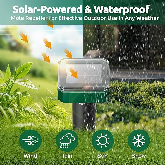 X-PEST 4 Pack Mole Repellent for Lawns Solar Powered Groundhog Spikes, Ultrasonic Mole Stakes for Yard, Waterproof Gopher Repellent to Get Rid of Chipmunk, Vole and Snake for Garden