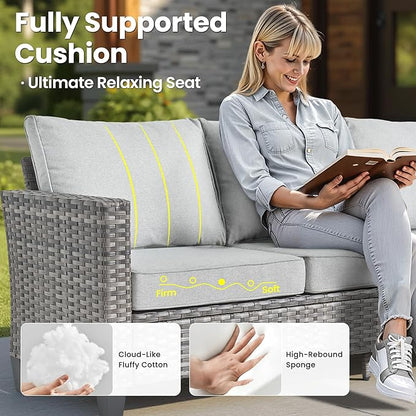 ovios 9 Pieces Patio Furniture Set with 54" Fire Pit Table, Outdoor Sofa Couch with Solar Lights Table Comfy Cushions, Modern Deep Seat Wicker Rattan Conversation Set, Grey