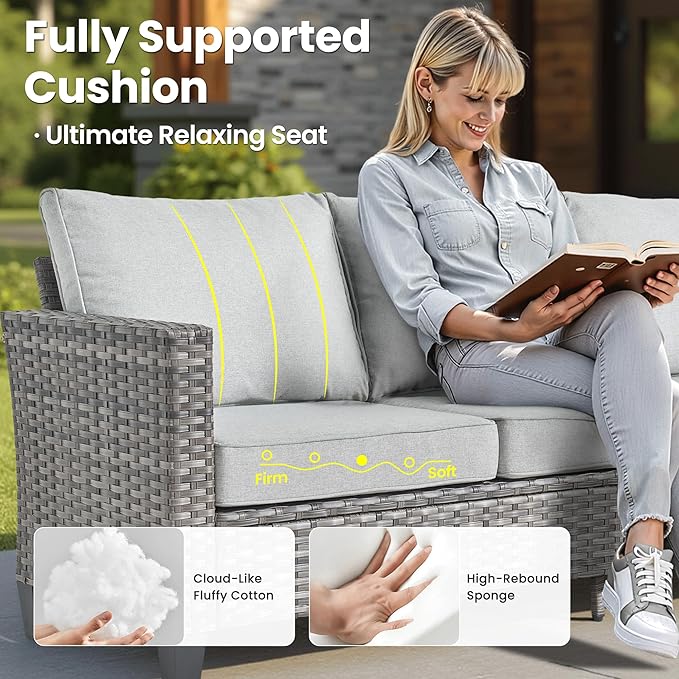 ovios 7 Pieces Patio Furniture Set with 42" Fire Pit Table, Outdoor Sofa Couch with Solar Lights Table Comfy Cushions, Modern Deep Seat Wicker Rattan Conversation Set, Grey