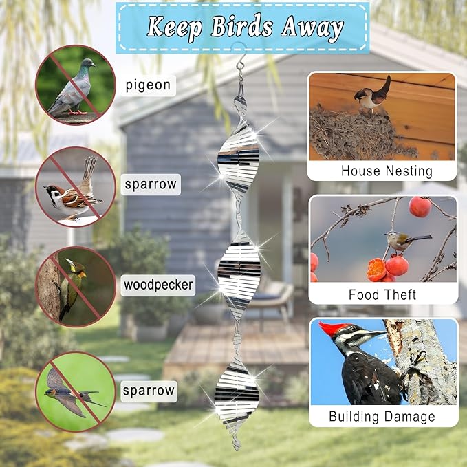 DELAVIDA Stainless Steel Bird Scare Devices, 3D Wind Spinners Outdoor, 9 Discs Set, Reflective Decor to Keep Swallow Pigeon Sparrow Away from House Patio Garden (Fish Bone)
