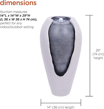 Alpine Corporation - 29" Tall Two Tone Ribbed Jar Floor Fountain with LED Lights – Elegant Indoor/Outdoor Water Feature, Easy Setup with Pump & Plug-in Design (Gray)